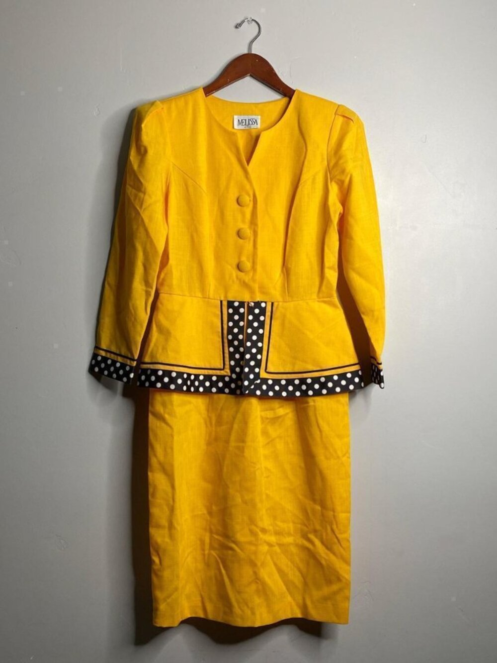 80's vintage yellow and black polka dot tea cup long sleeve dress
